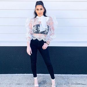 White lace puff sleeve top.